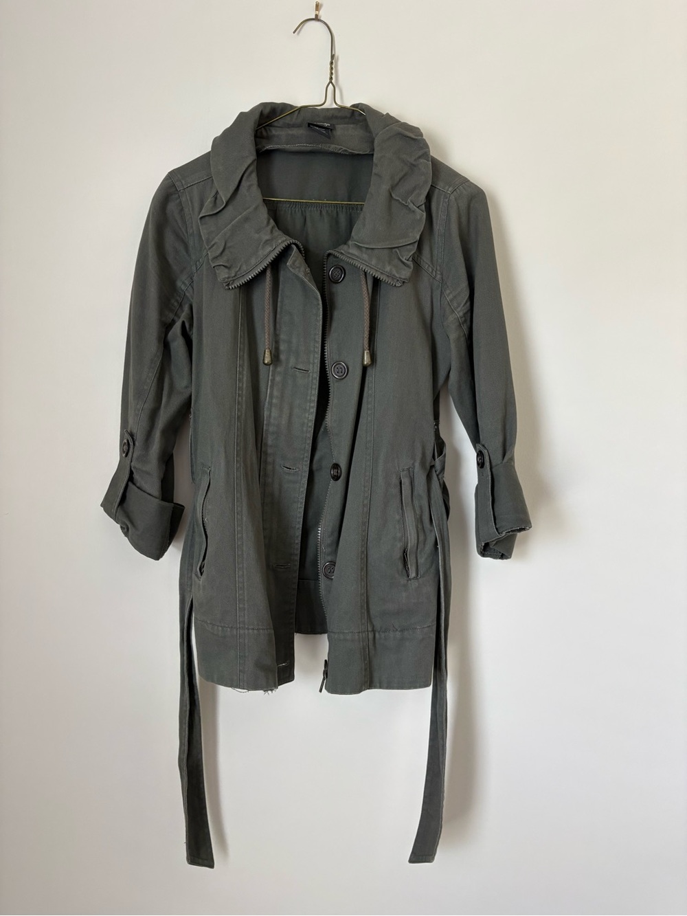 Vanity Olive Utility Trench Coat with Ruffle Collar